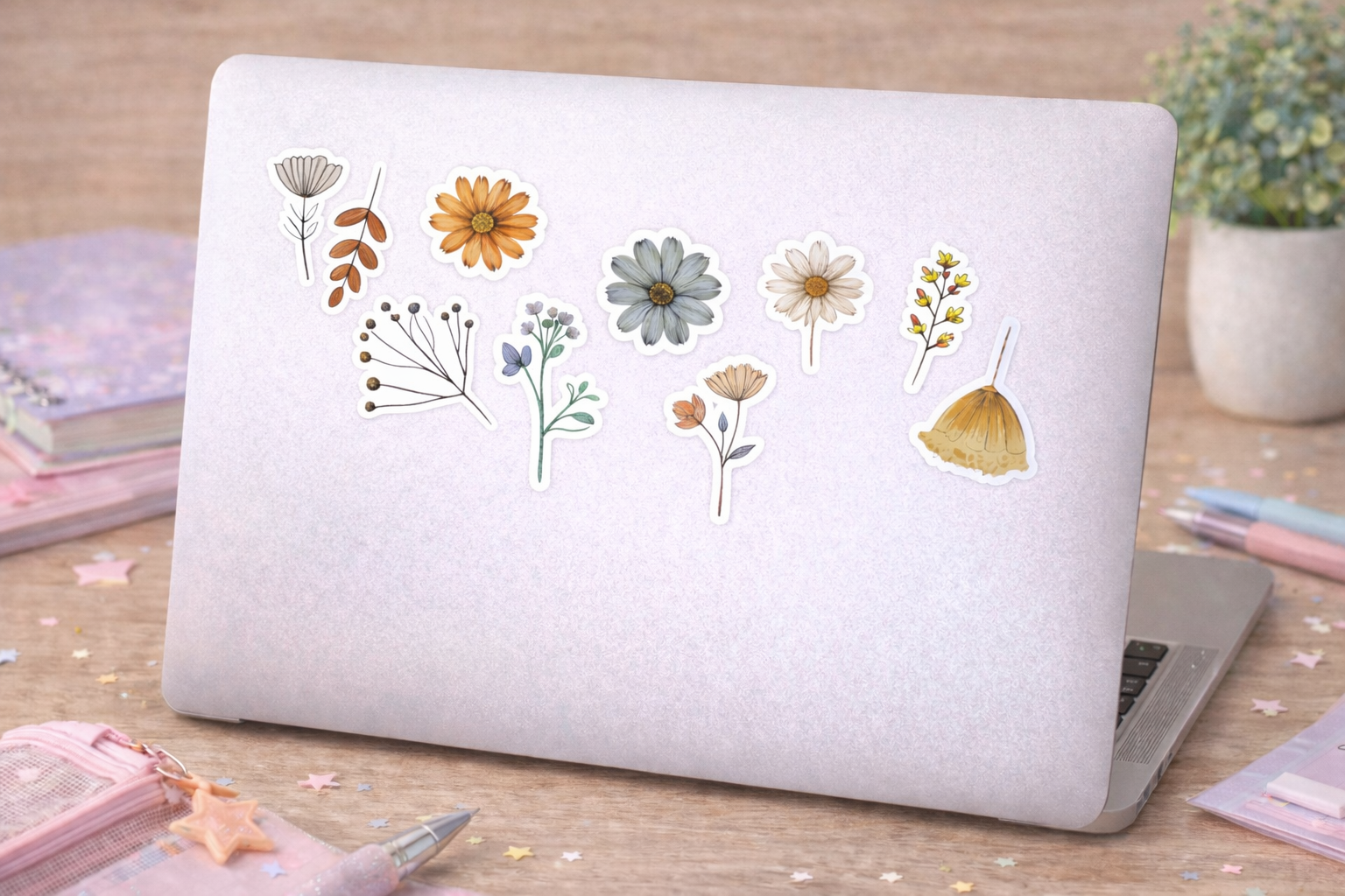 Laptop with floral stickers on a wooden desk