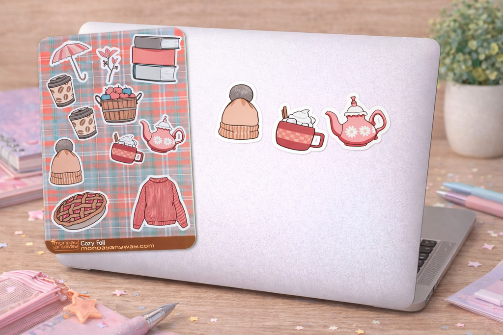 Laptop with a plaid sticker sheet featuring illustrations of a teapot, hat, and sweater on a wooden surface.