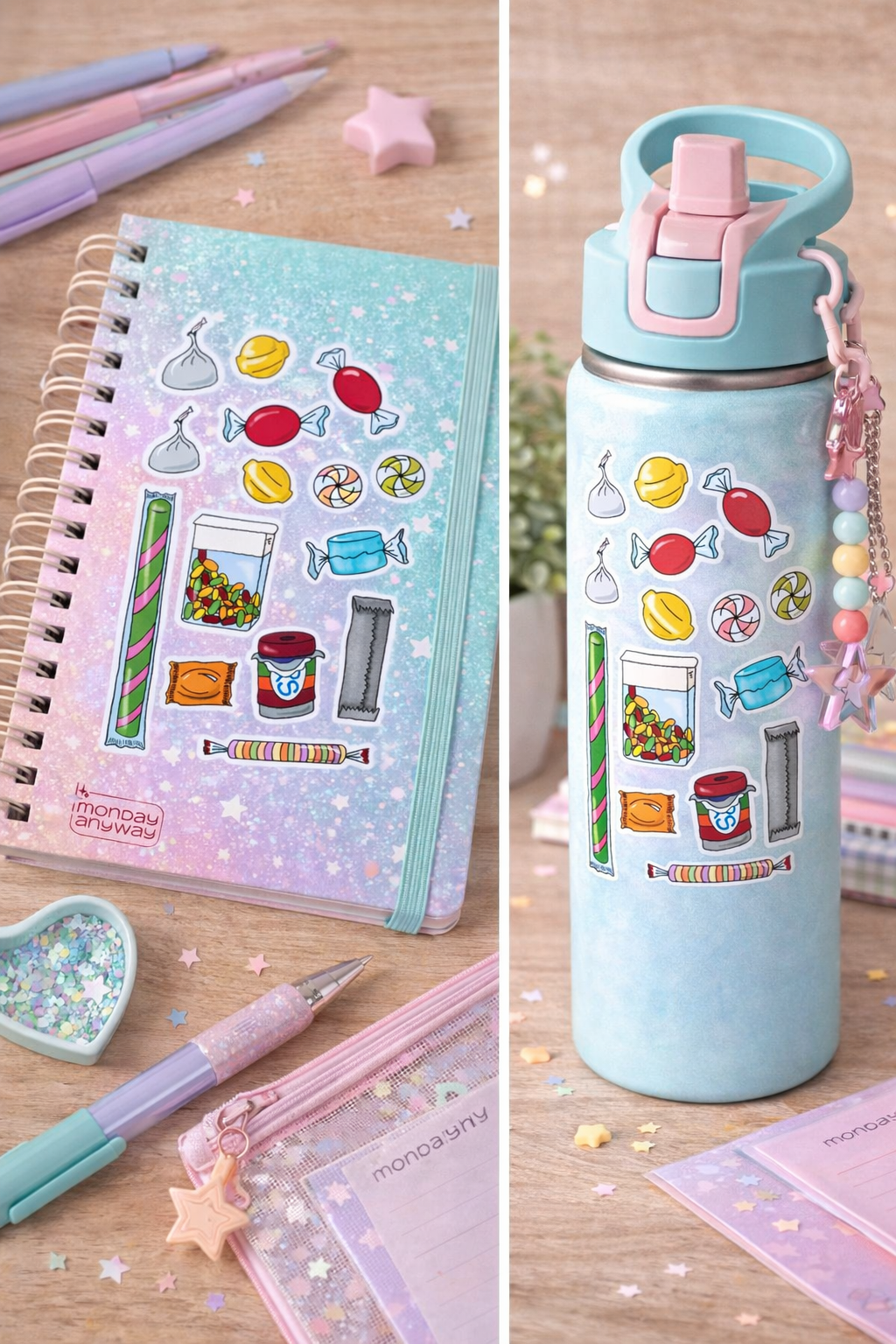 Notebook with stickers and a water bottle with candy-themed design on a wooden surface.