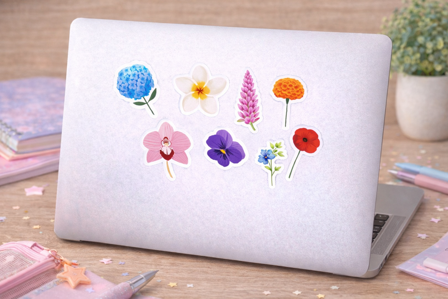Laptop with colorful floral stickers on a wooden desk