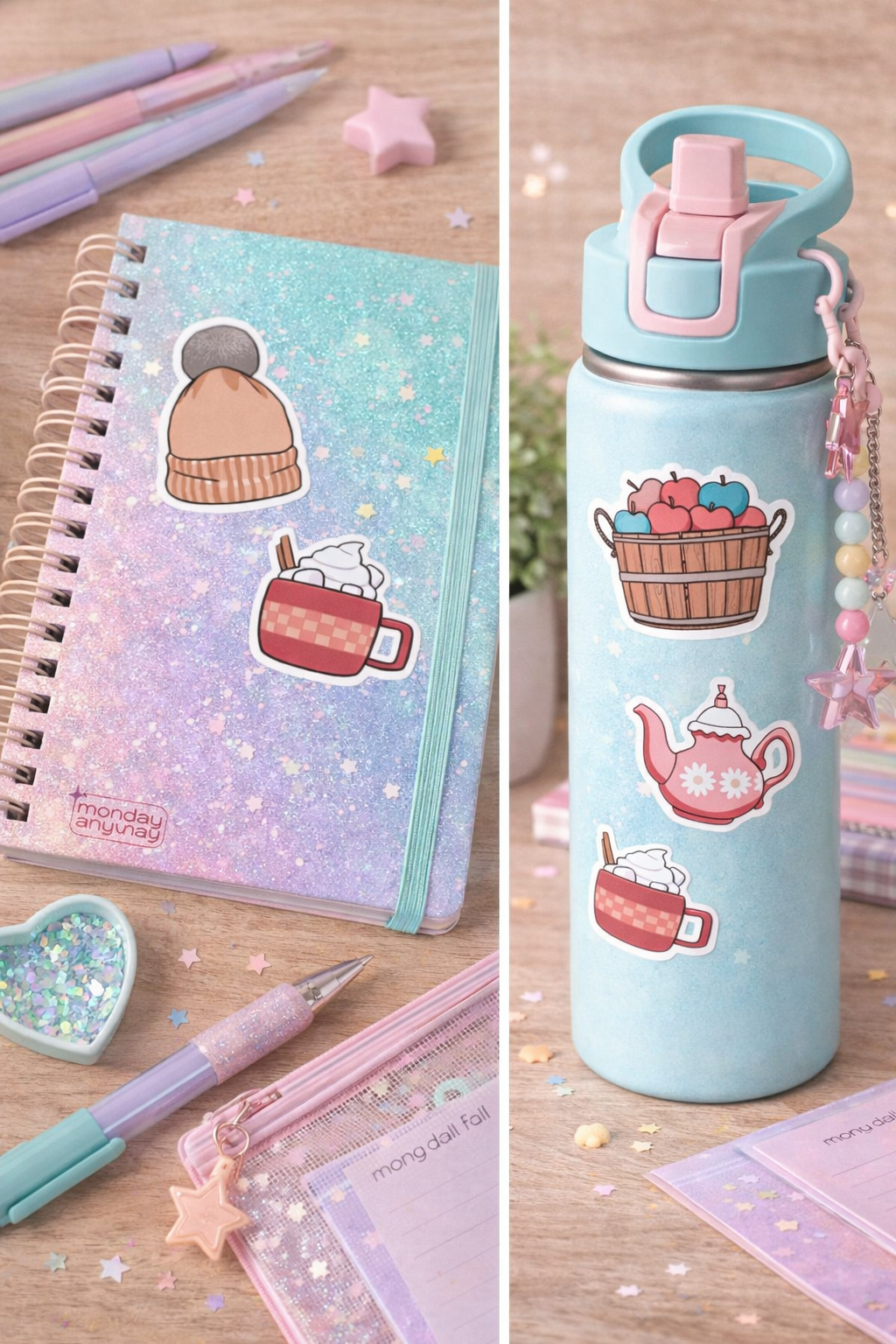Stationery items including a notebook, pens, and a water bottle with stickers on a wooden surface.