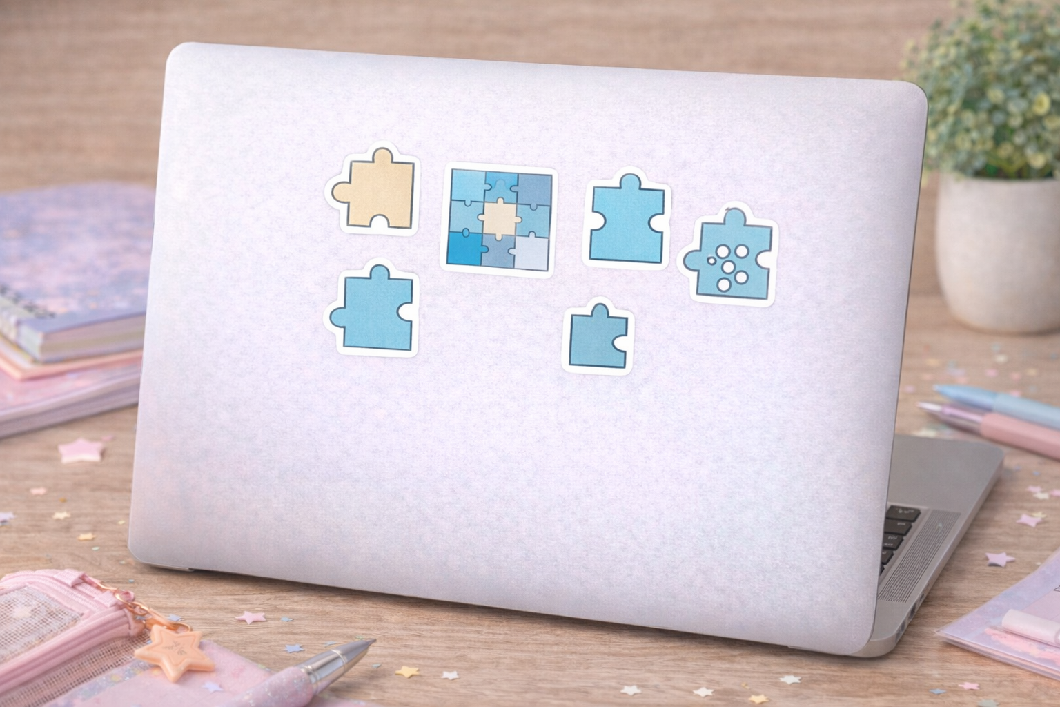 Laptop with blue and beige puzzle piece stickers on a wooden surface