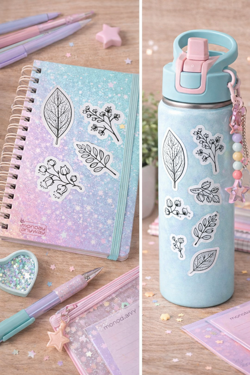 Collage of a notebook and water bottle with leaf designs on a wooden surface.