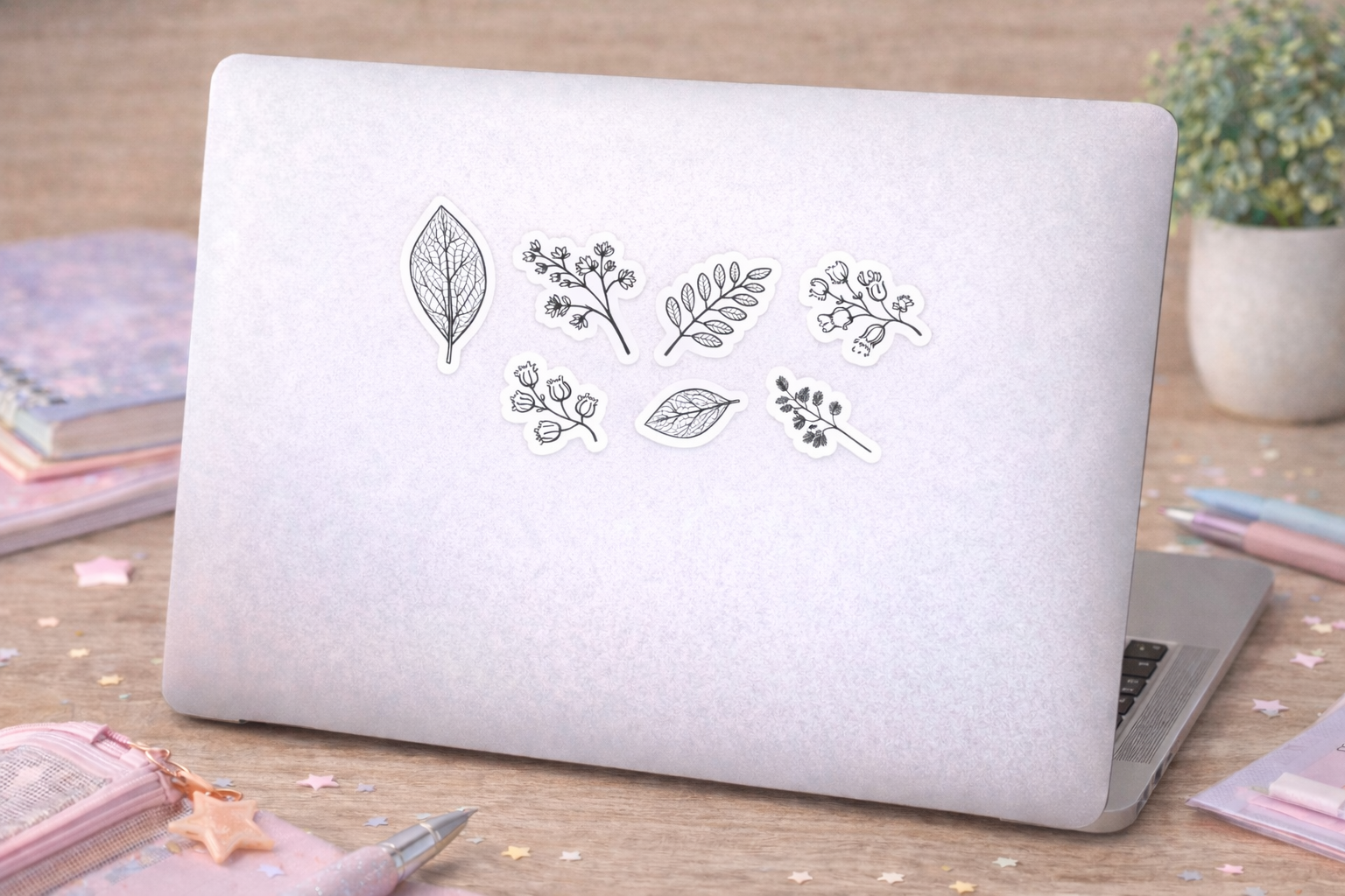 Laptop with decorative leaf designs on a wooden surface