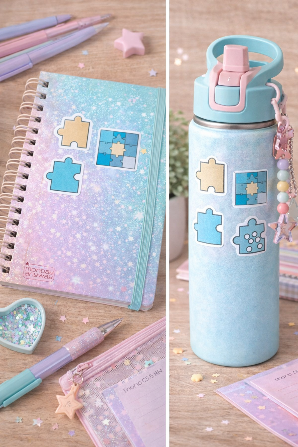 Collage of a notebook with stickers and a water bottle with decorative elements on a wooden surface.
