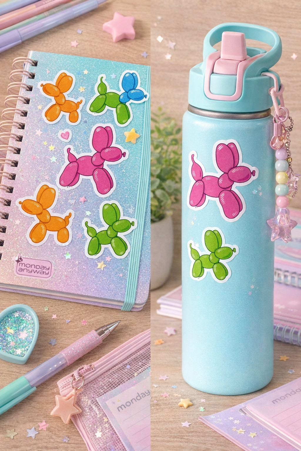 Light blue water bottle with pink and green balloon dog designs on a wooden surface.