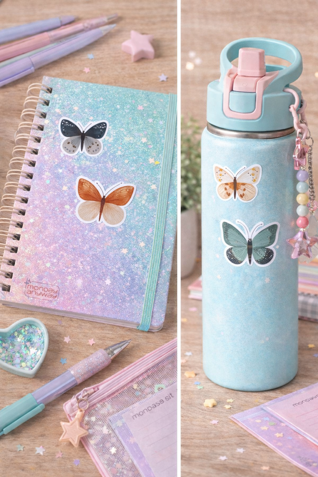Notebook with butterfly stickers and a blue water bottle with butterfly decals on a wooden surface.