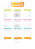 2026 calendar with colorful months on a white background