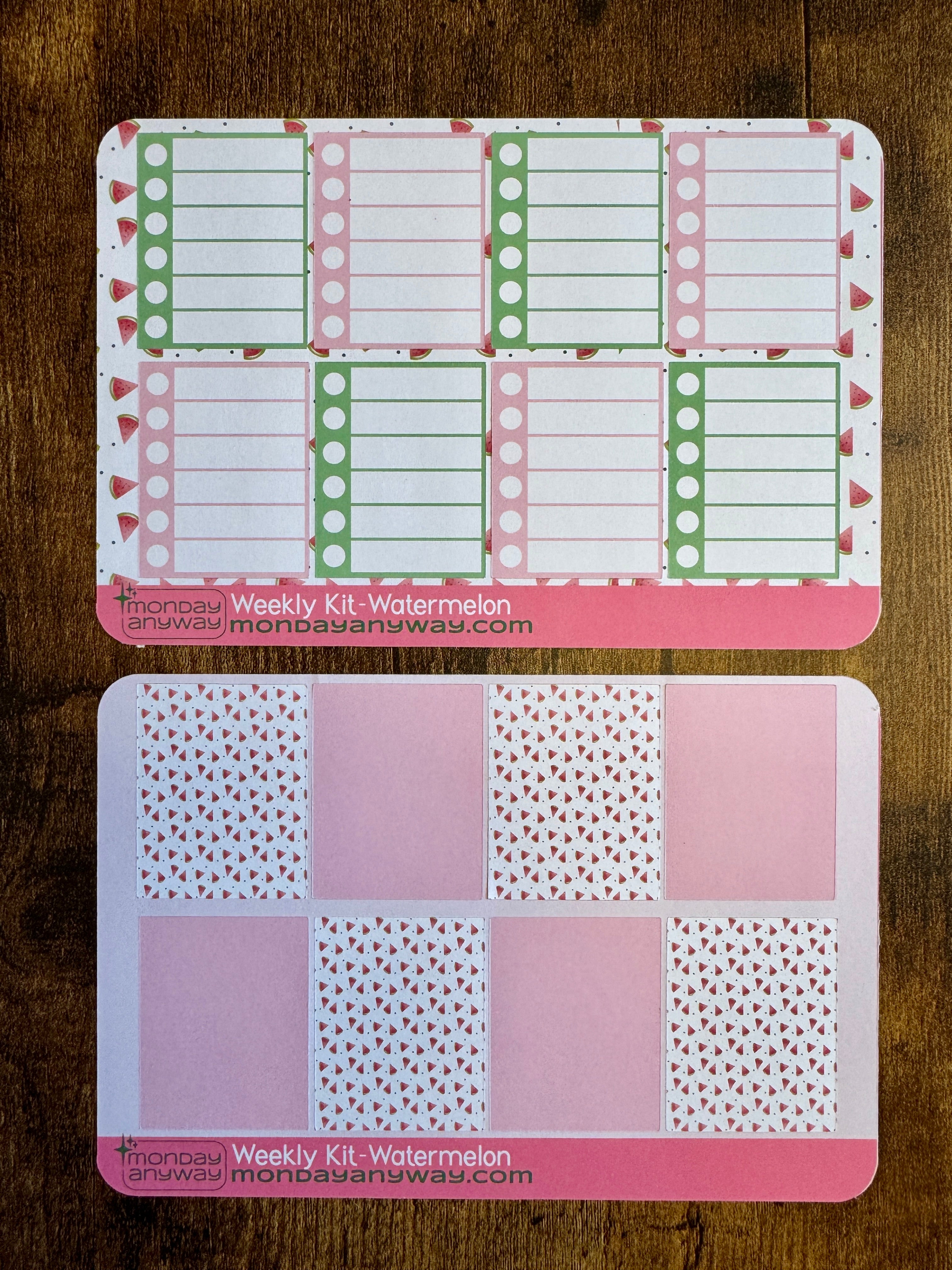 Two sheets of planner stickers with watermelon pink and green design.