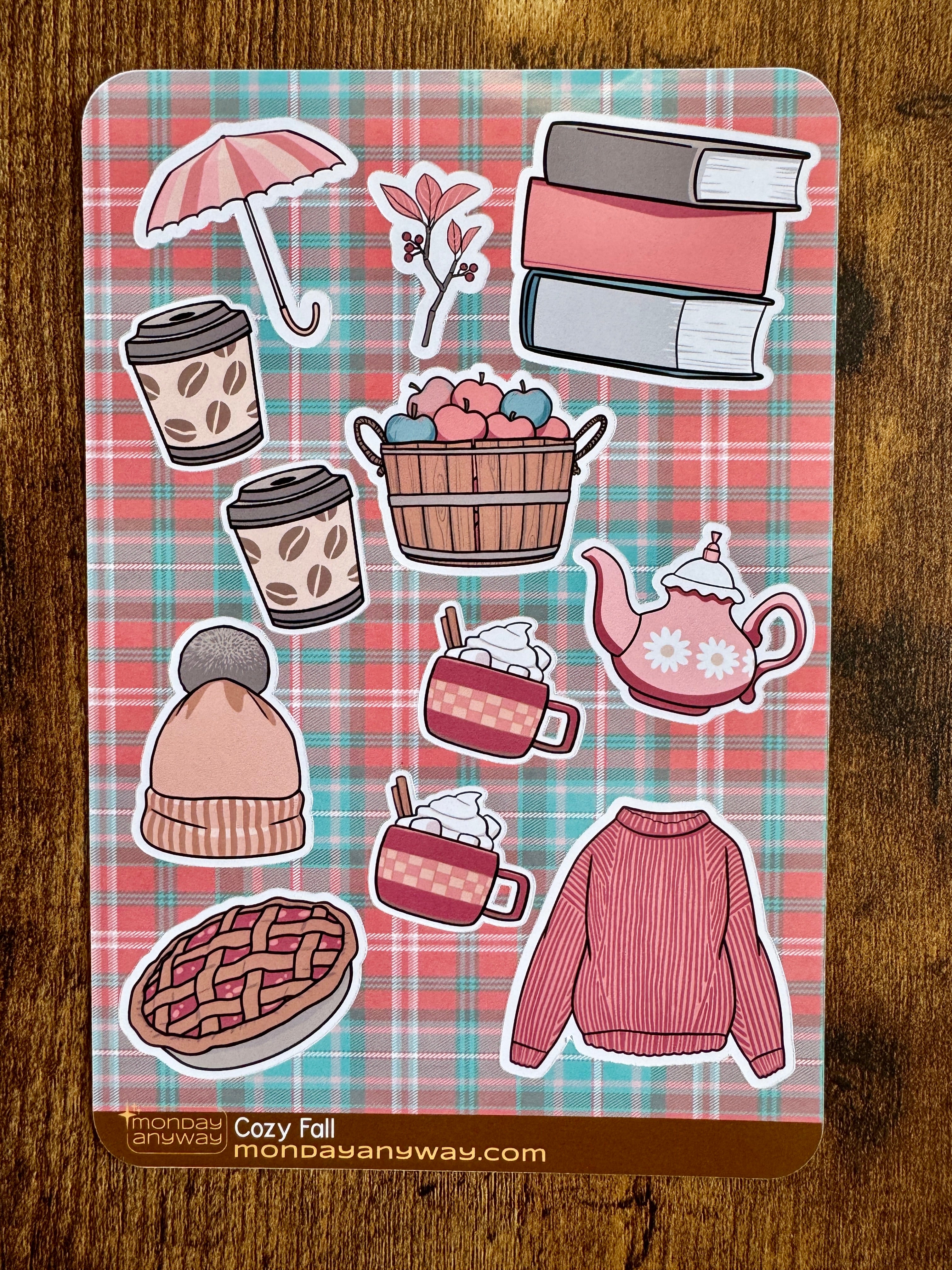 Set of autumn-themed stickers on a plaid background with 'Monday Anyway' branding.