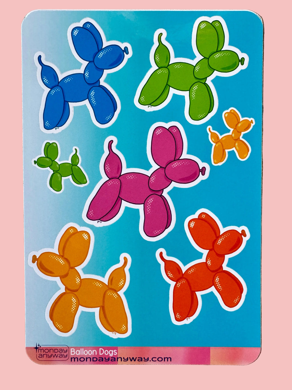 Colorful balloon dog stickers on a blue backing.