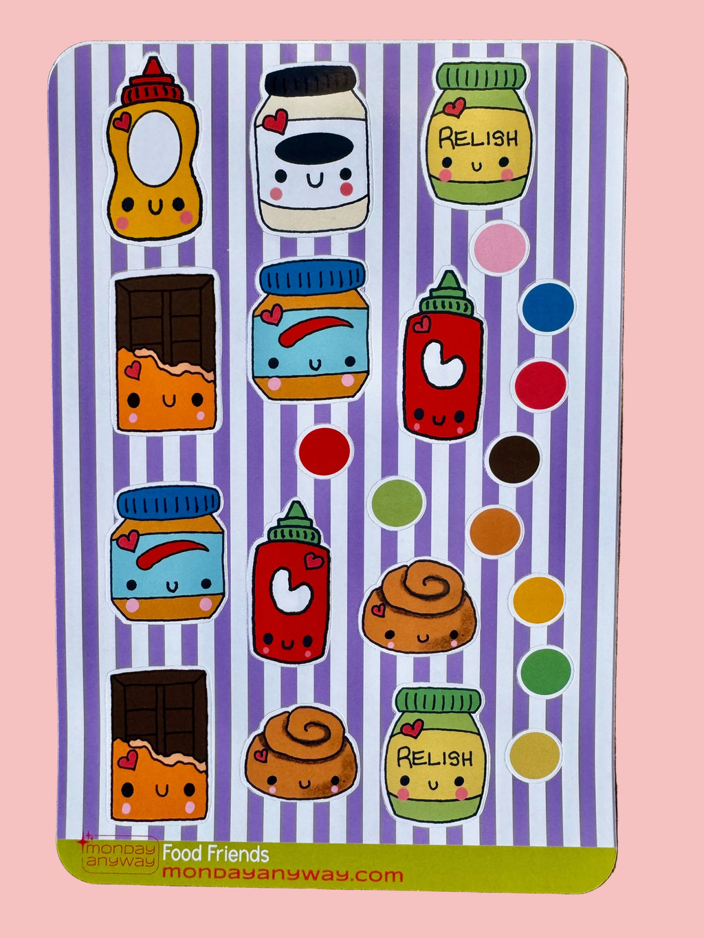 Sticker sheet with cute food-themed designs on a striped background