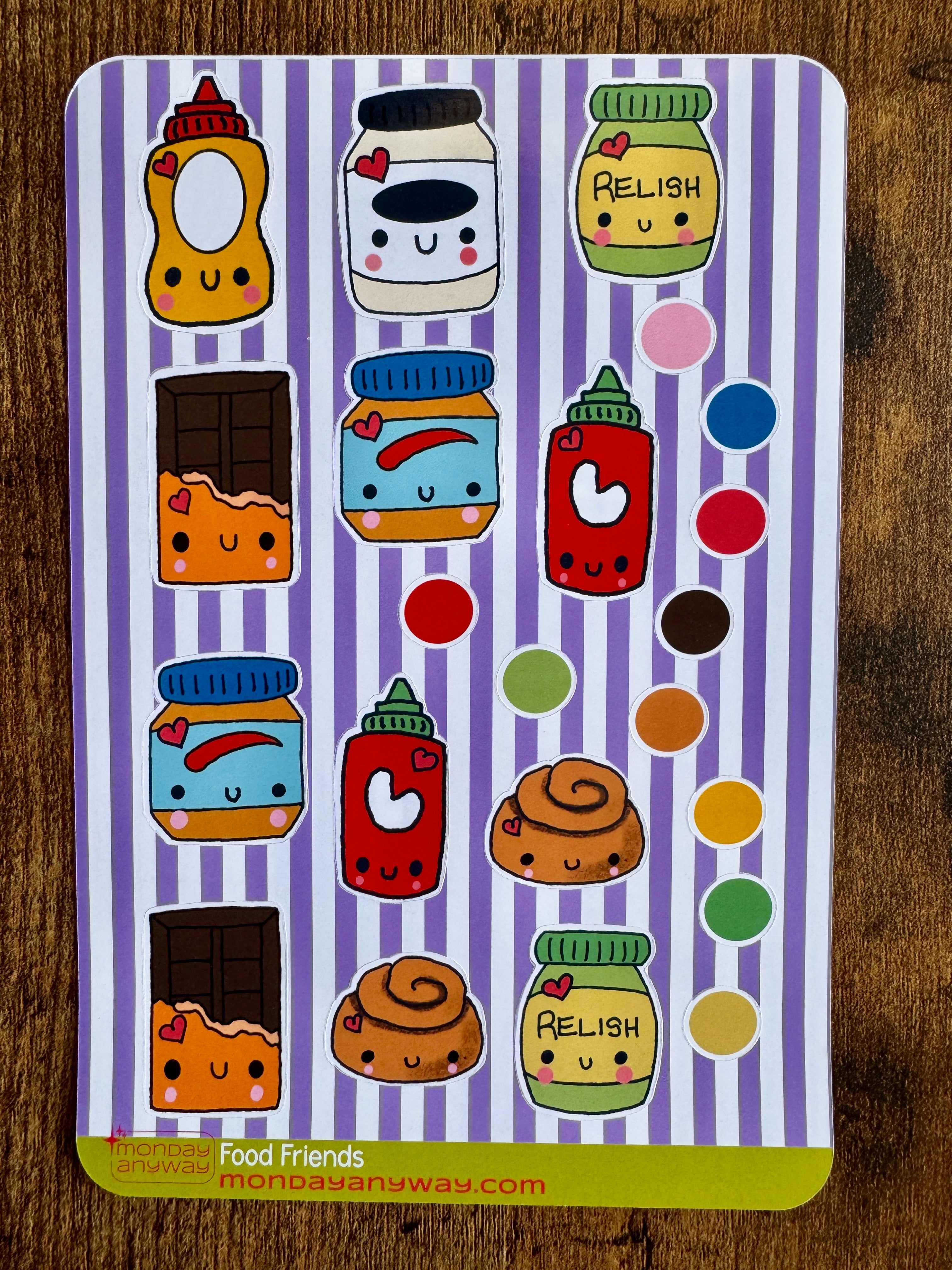 Sticker sheet with cute food-themed designs on a striped background
