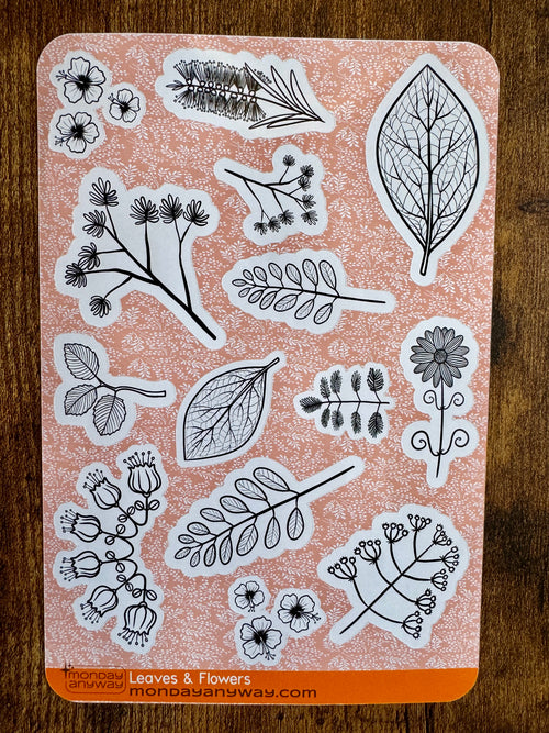 Set of black line art leaves and flowers on a pinkish-beige card with 'Leaves & Flowers' text.