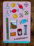 Sticker sheet with various candy illustrations on a pink background