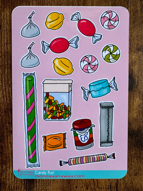 Sticker sheet with various candy illustrations on a pink background