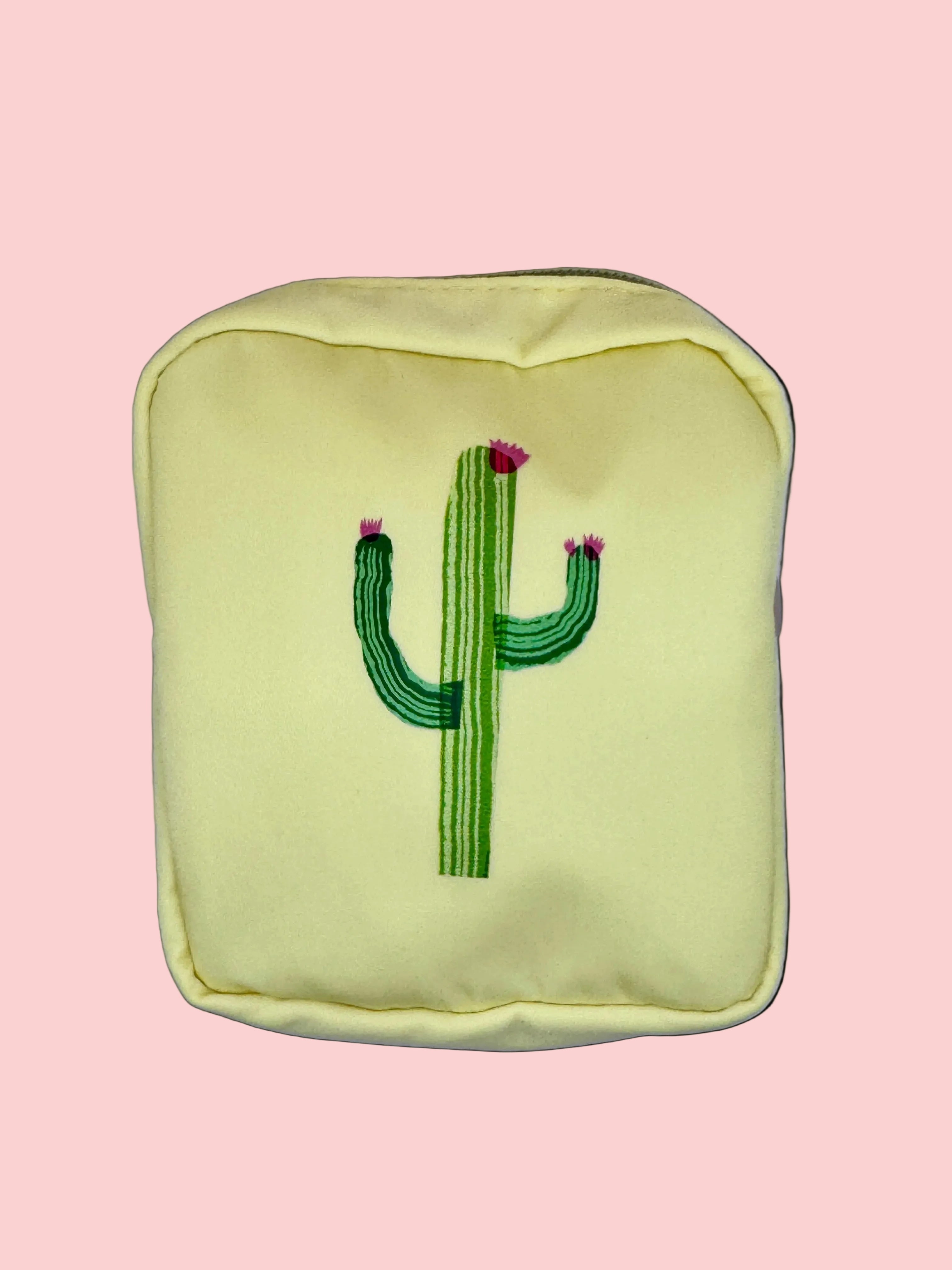 Yellow pouch with vibrant digitally transferred cactus design 