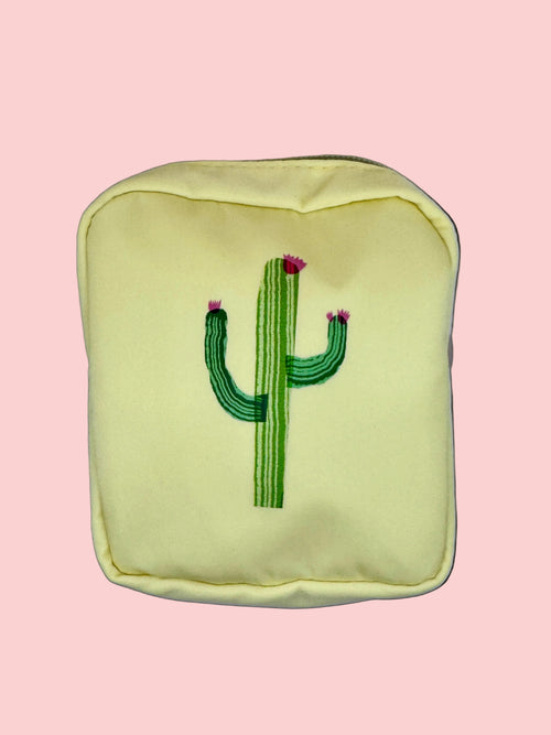 Yellow pouch with vibrant digitally transferred cactus design 