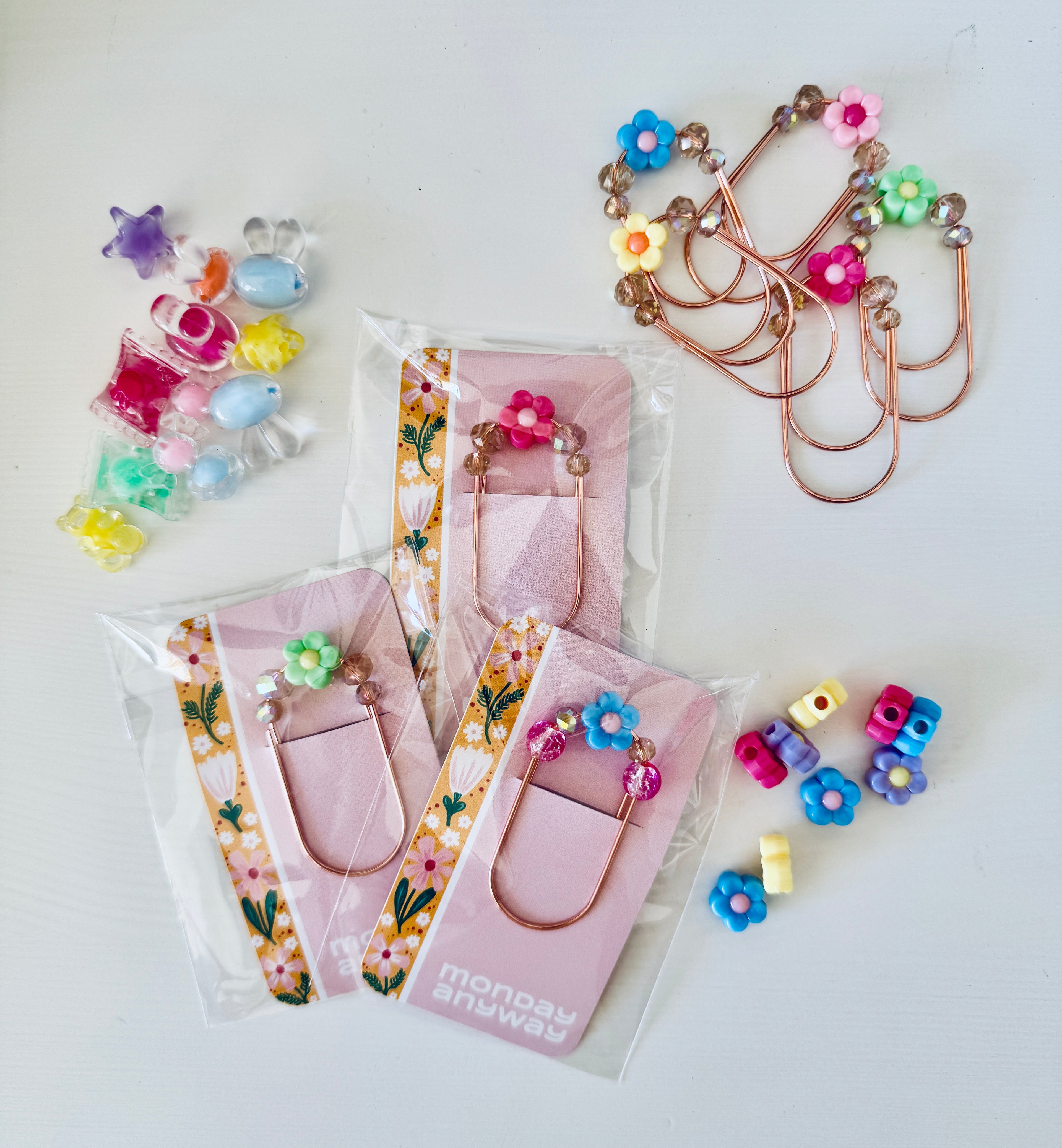 Decorative jumbo paper clips with colorful beads and floral designs