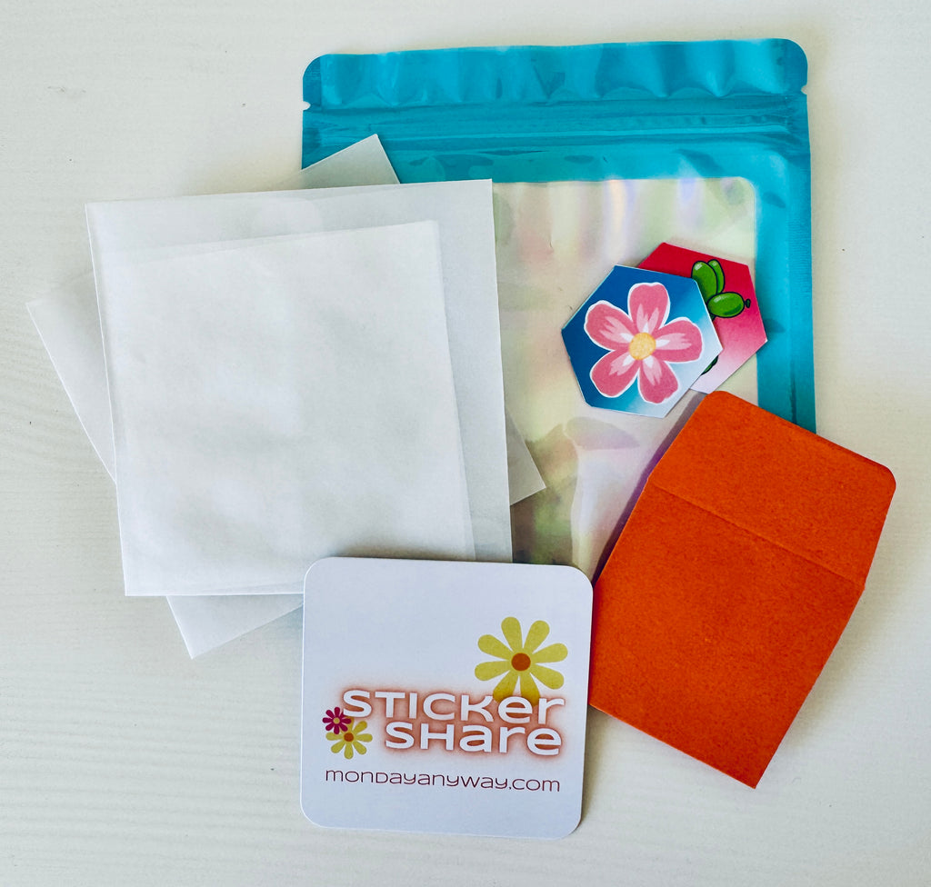 tiny sticker sharing envelopes with reusable paper