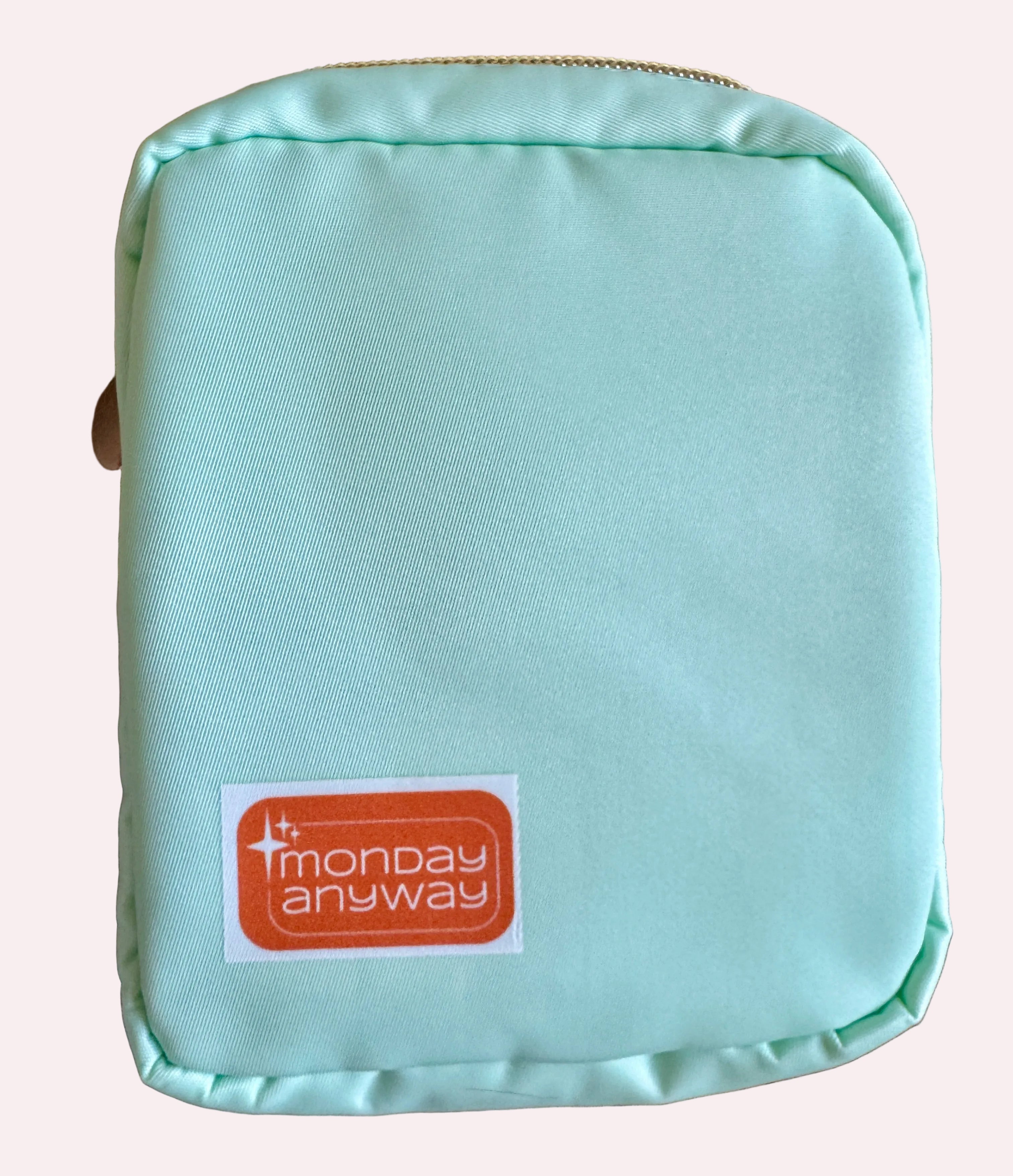Light blue pouch with 'Monday Anyway' label 