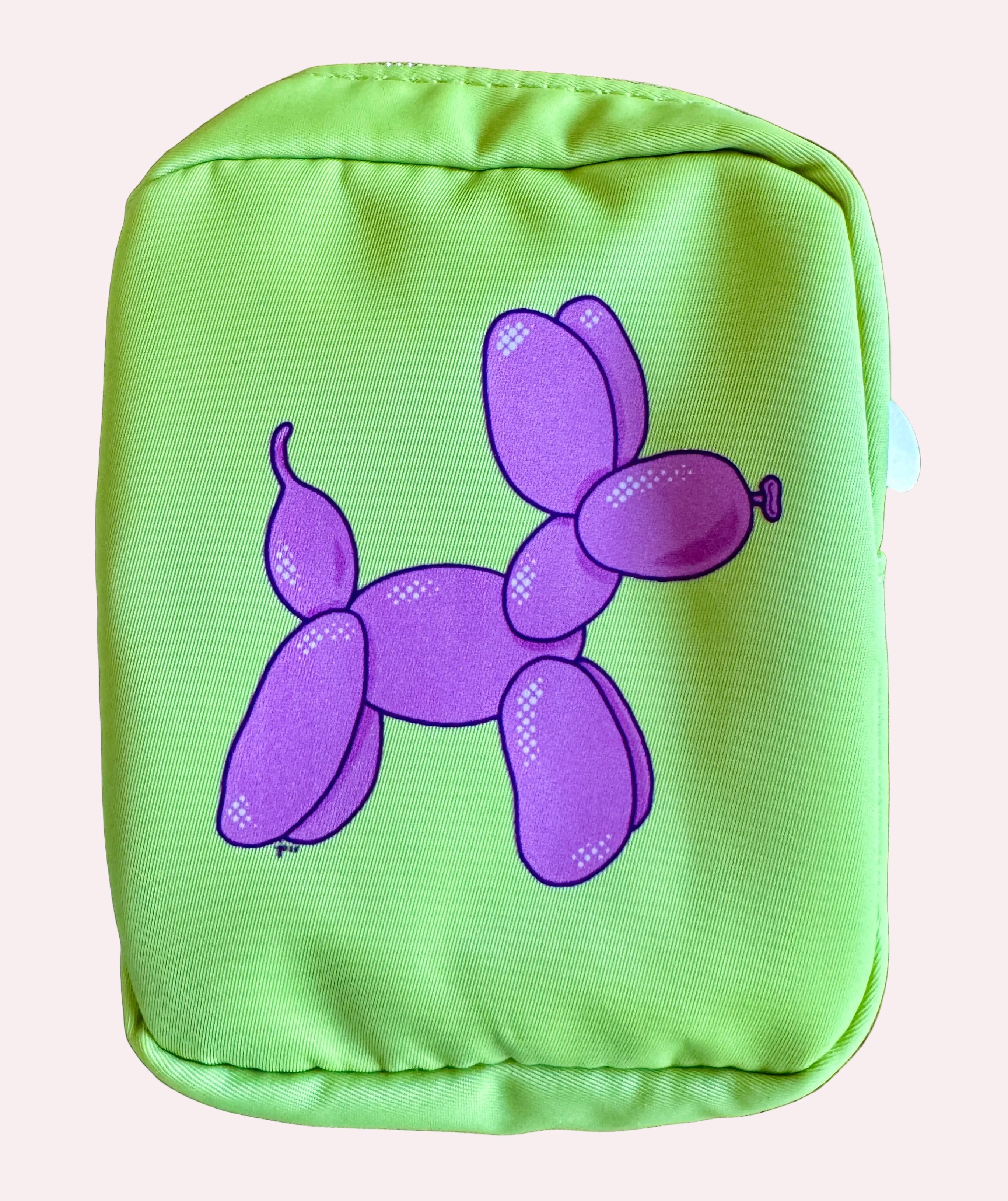 Green pouch with a purple balloon dog design