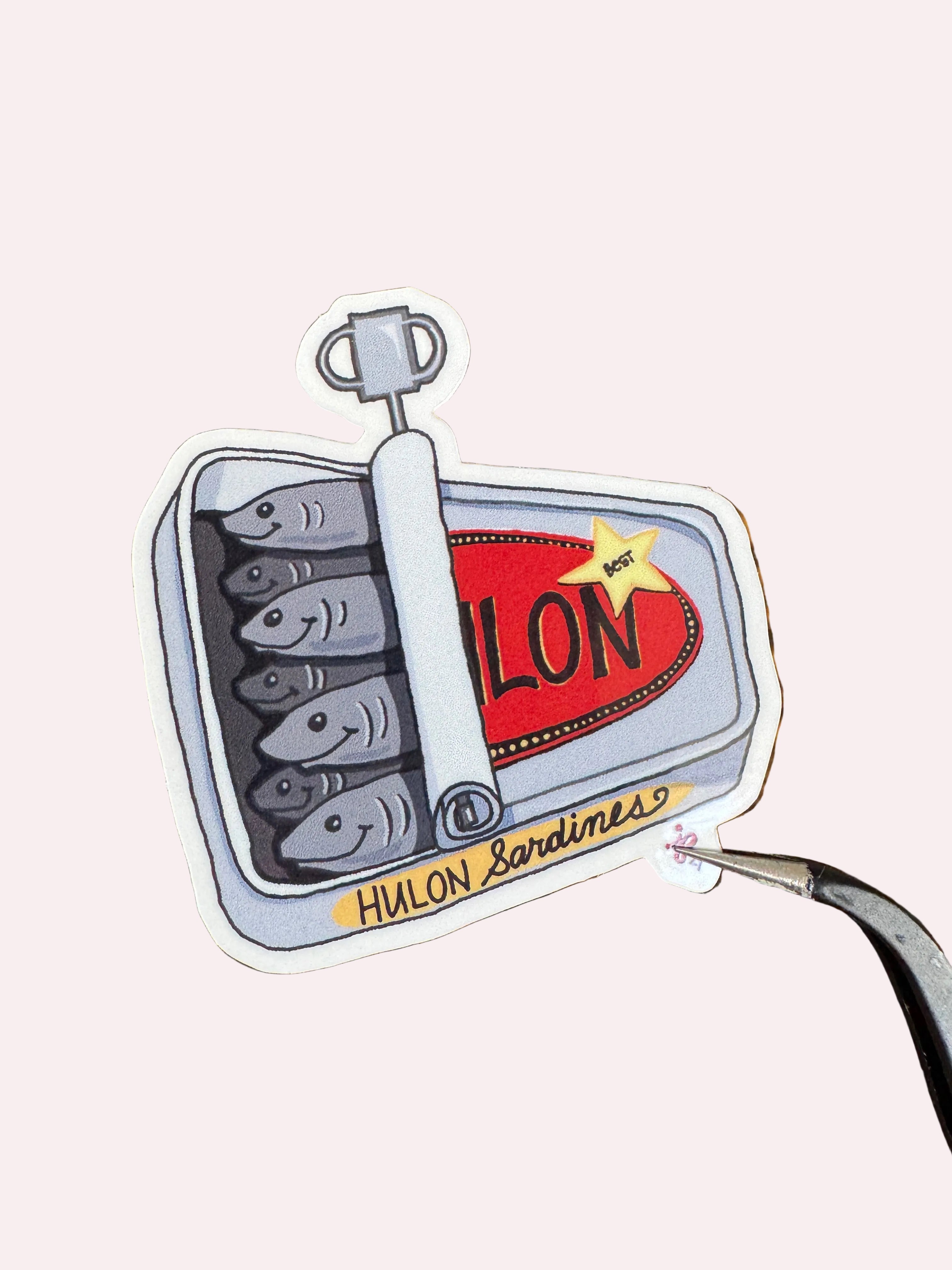 tin of happy sardines glossy sticker