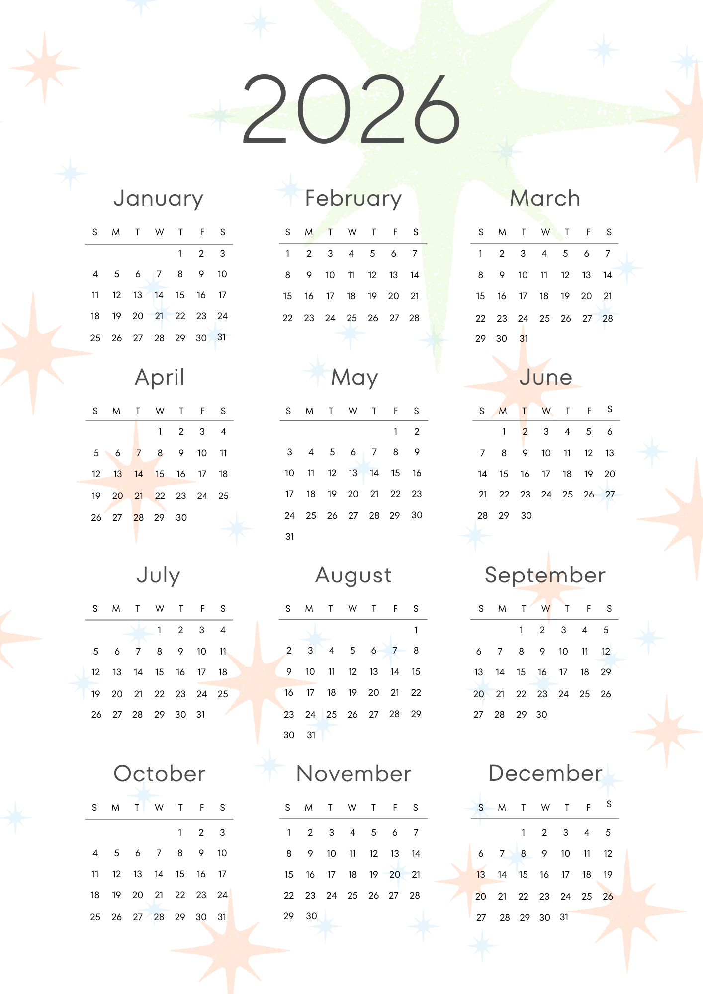 Stars 2026 Calendar - FREE Download