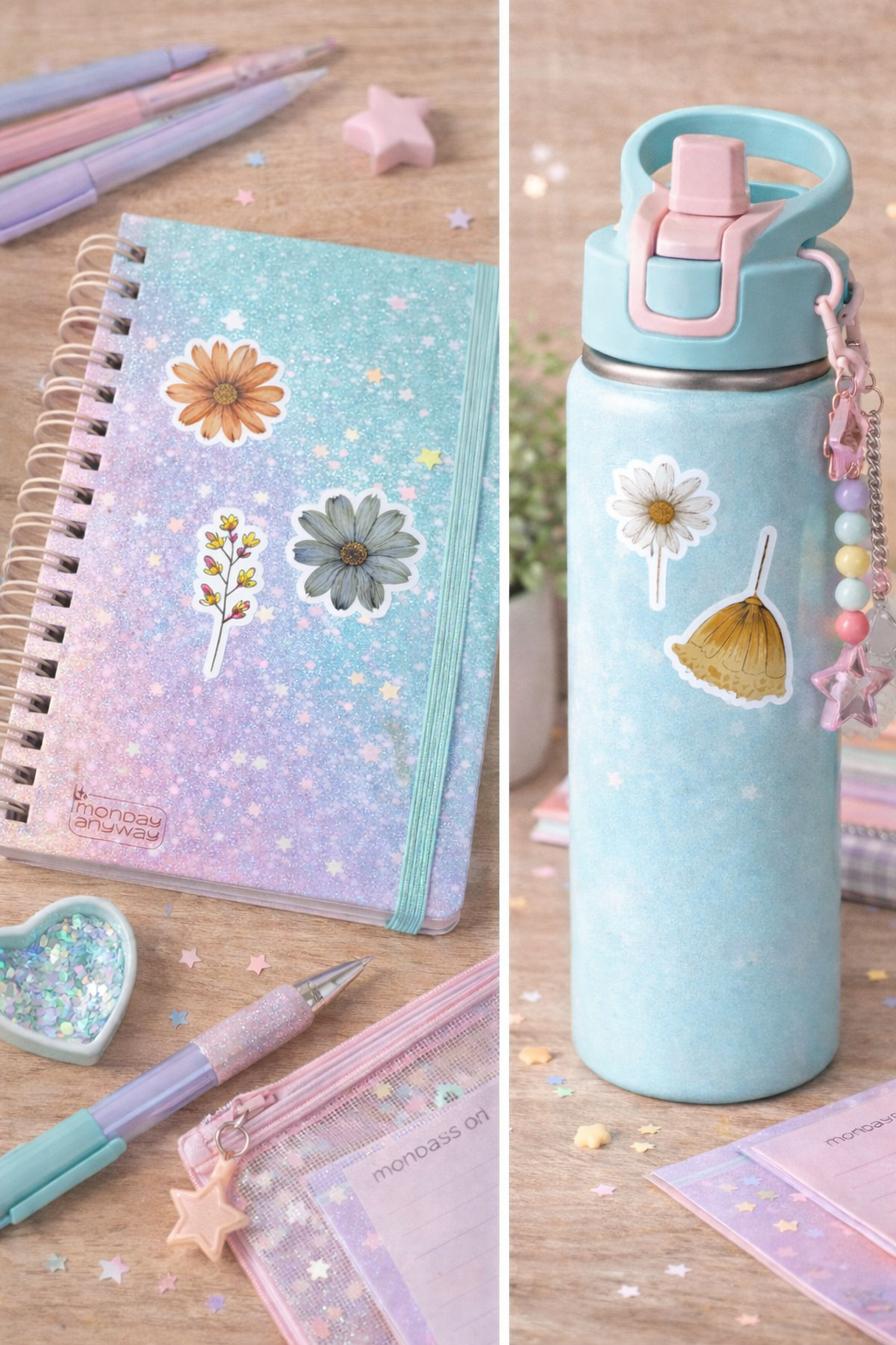 Light blue water bottle with floral stickers next to a notebook with flower stickers on a wooden surface.
