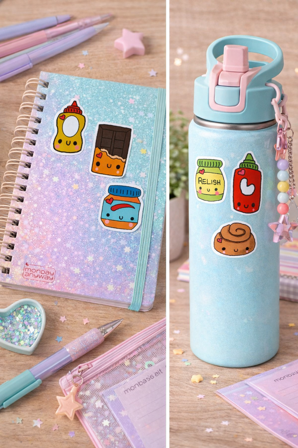 Notebook with stickers and a water bottle with stickers on a wooden surface