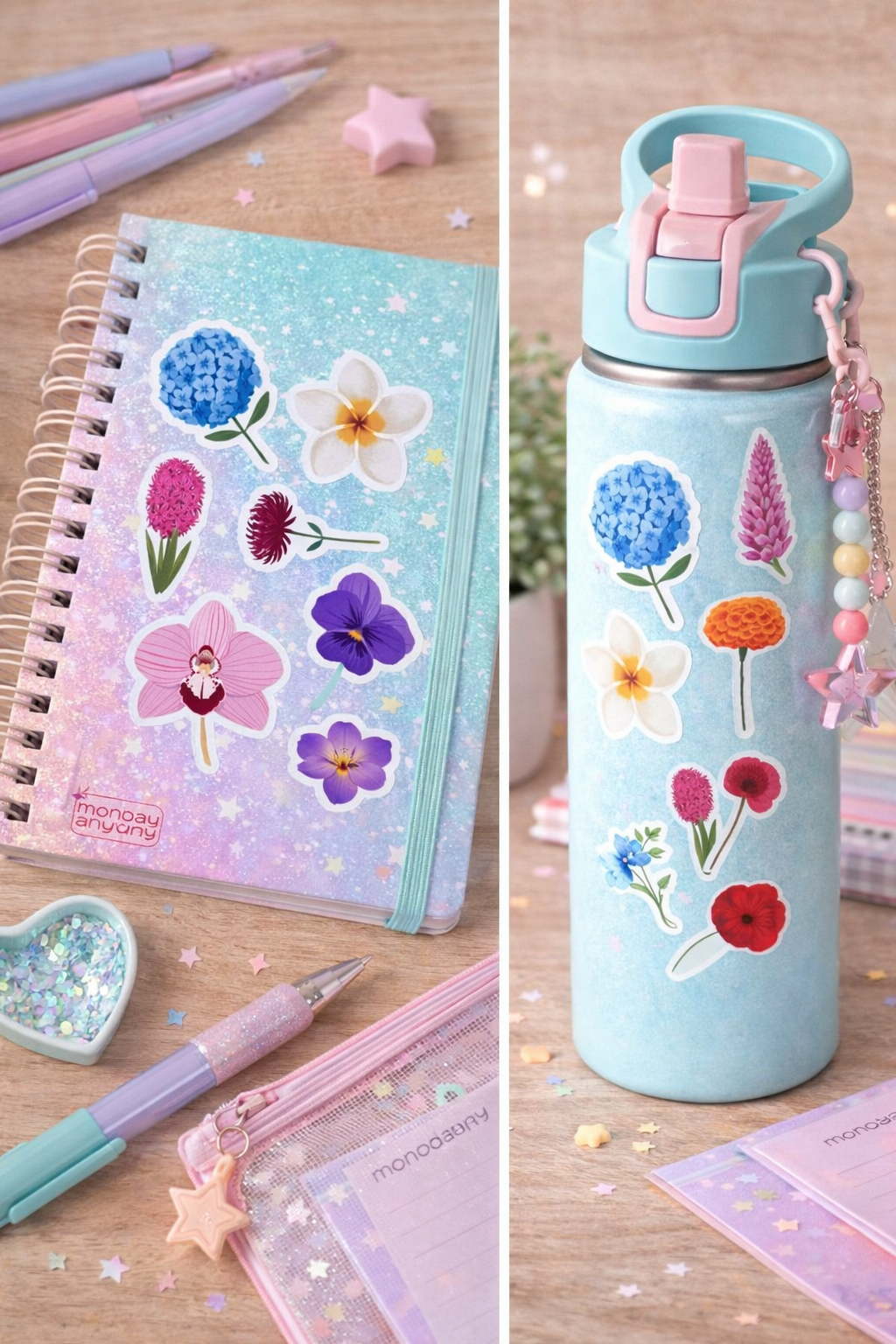 Stationery items with floral stickers on a wooden surface