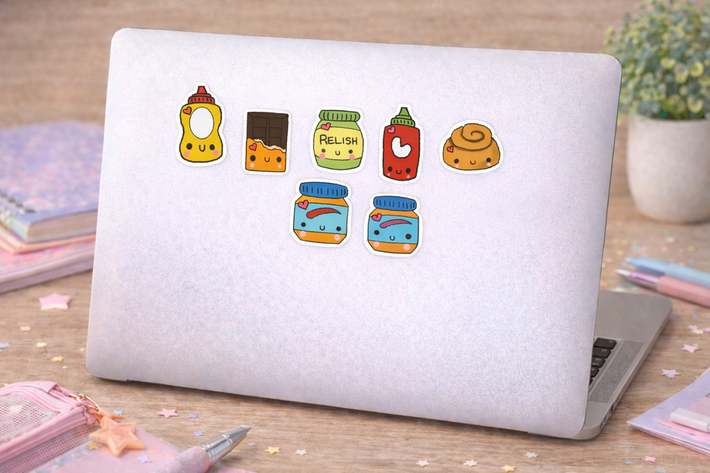 Laptop with various colorful stickers on a wooden desk